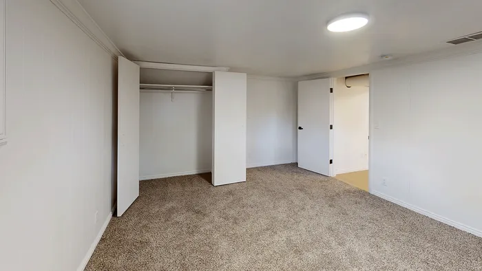 Spacious carpeted basement bedroom with double-door closet and neutral walls in the Woodside Creek Village 5-bedroom home.