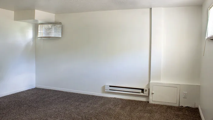 Carpeted basement bedroom with natural light and wall heating in the 5-bedroom Woodside Creek Village home.